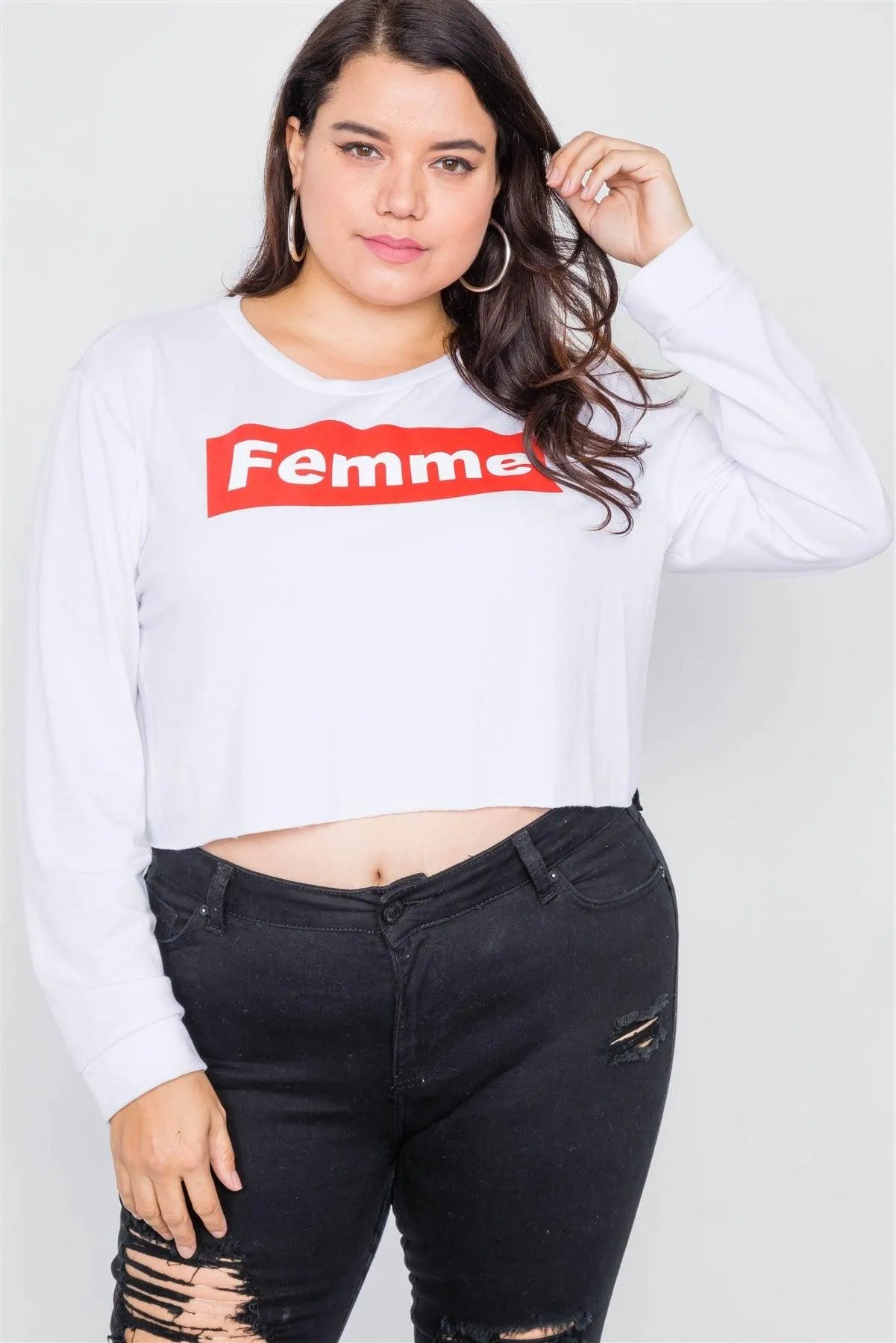 Junior Plus Size White 'FEMME" Cozy Crop Sweater /2-2-2 - Tasha Apparel Wholesale