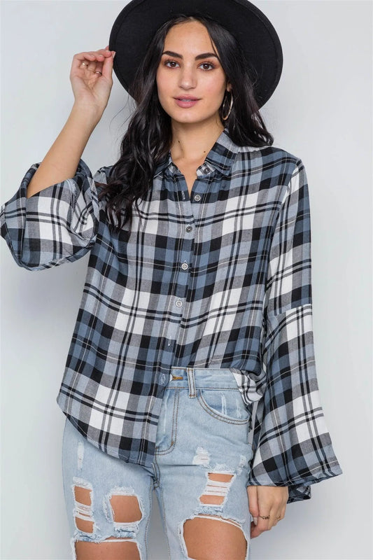 Blue Plaid Button Down Bell Sleeve Top /2-2-2 - Tasha Apparel Wholesale