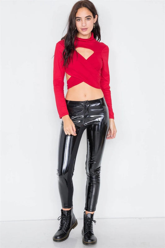 Red Suede Wrap Turtleneck Crop-Top /2-2-3 - Tasha Apparel Wholesale
