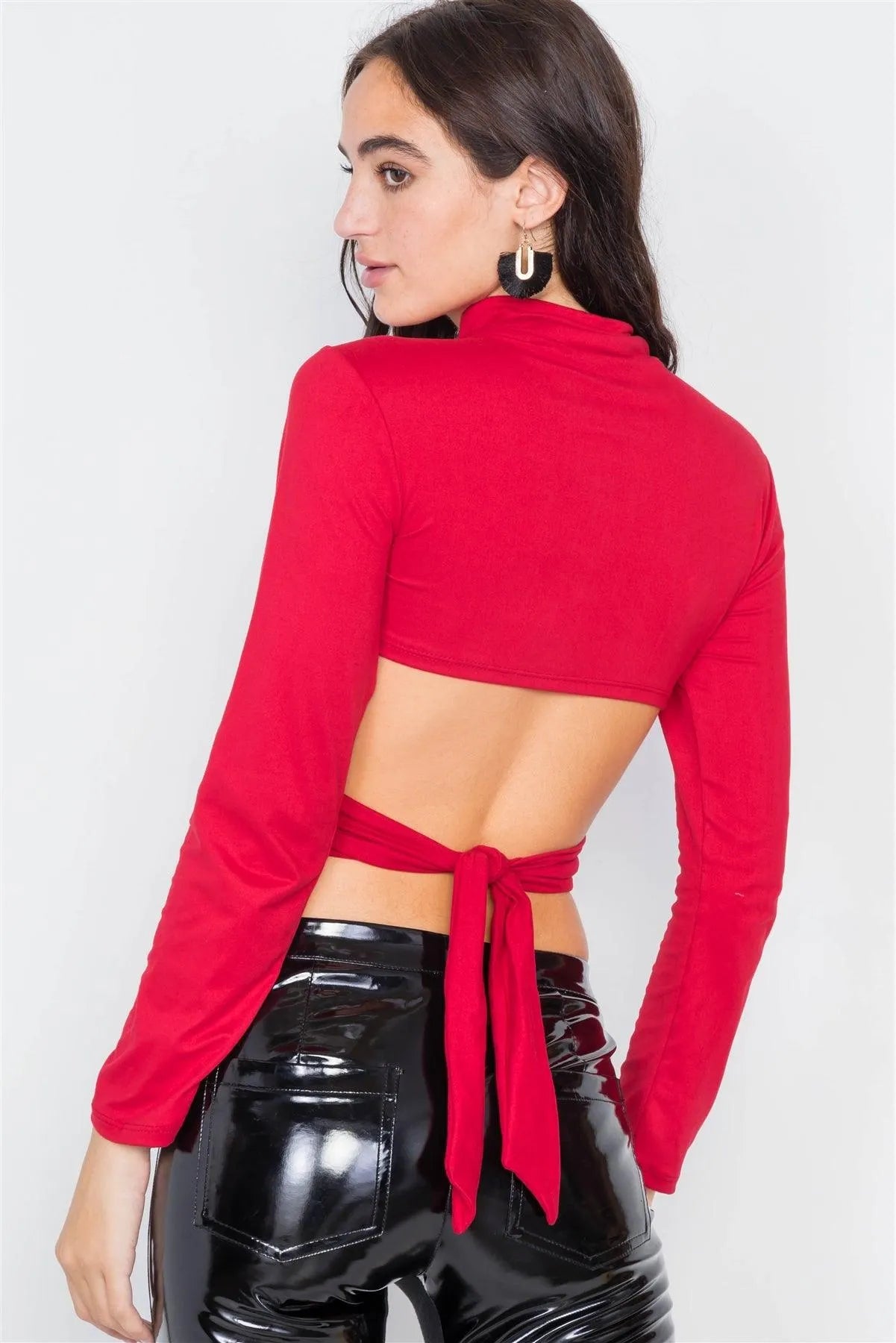 Red Wrap Open Back Detail Long Sleeve Turtleneck Crop Top - Tasha Apparel Wholesale