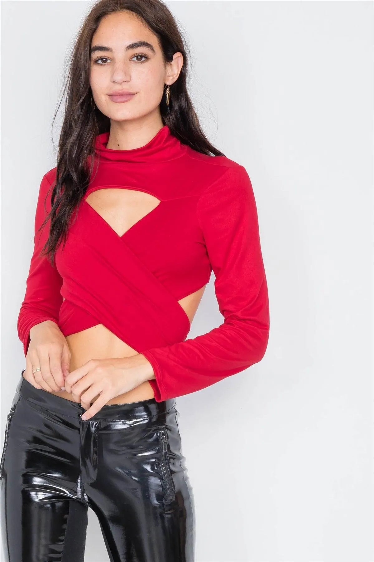Red Wrap Open Back Detail Long Sleeve Turtleneck Crop Top - Tasha Apparel Wholesale