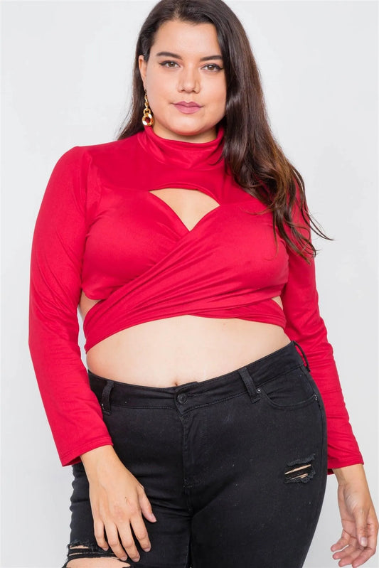 Junior Plus Size Red Suede Wrap Turtleneck Crop-Top - Tasha Apparel Wholesale