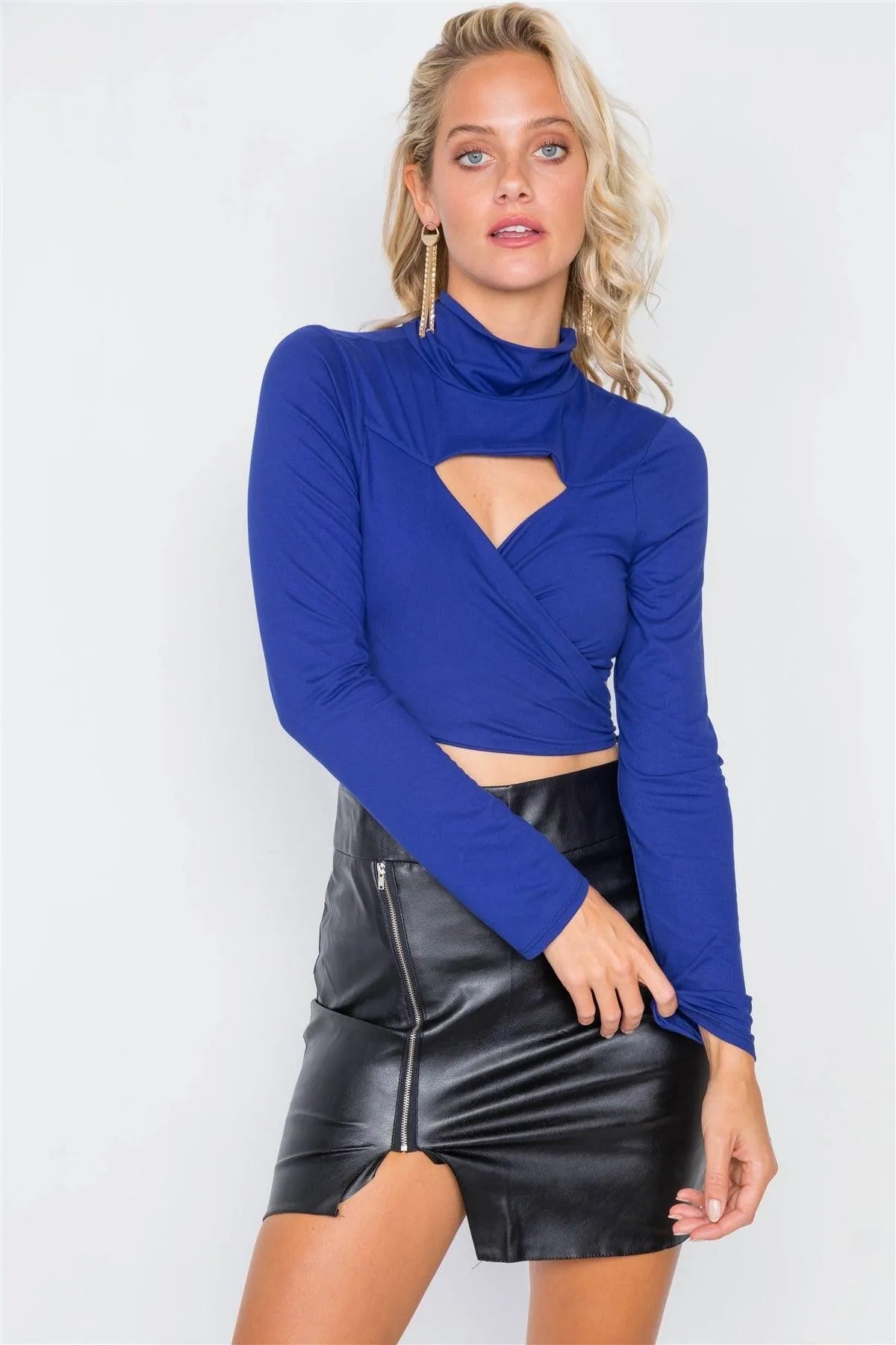 Royal Blue Suede Wrap Turtleneck Crop-Top /2-2-2 - Tasha Apparel Wholesale