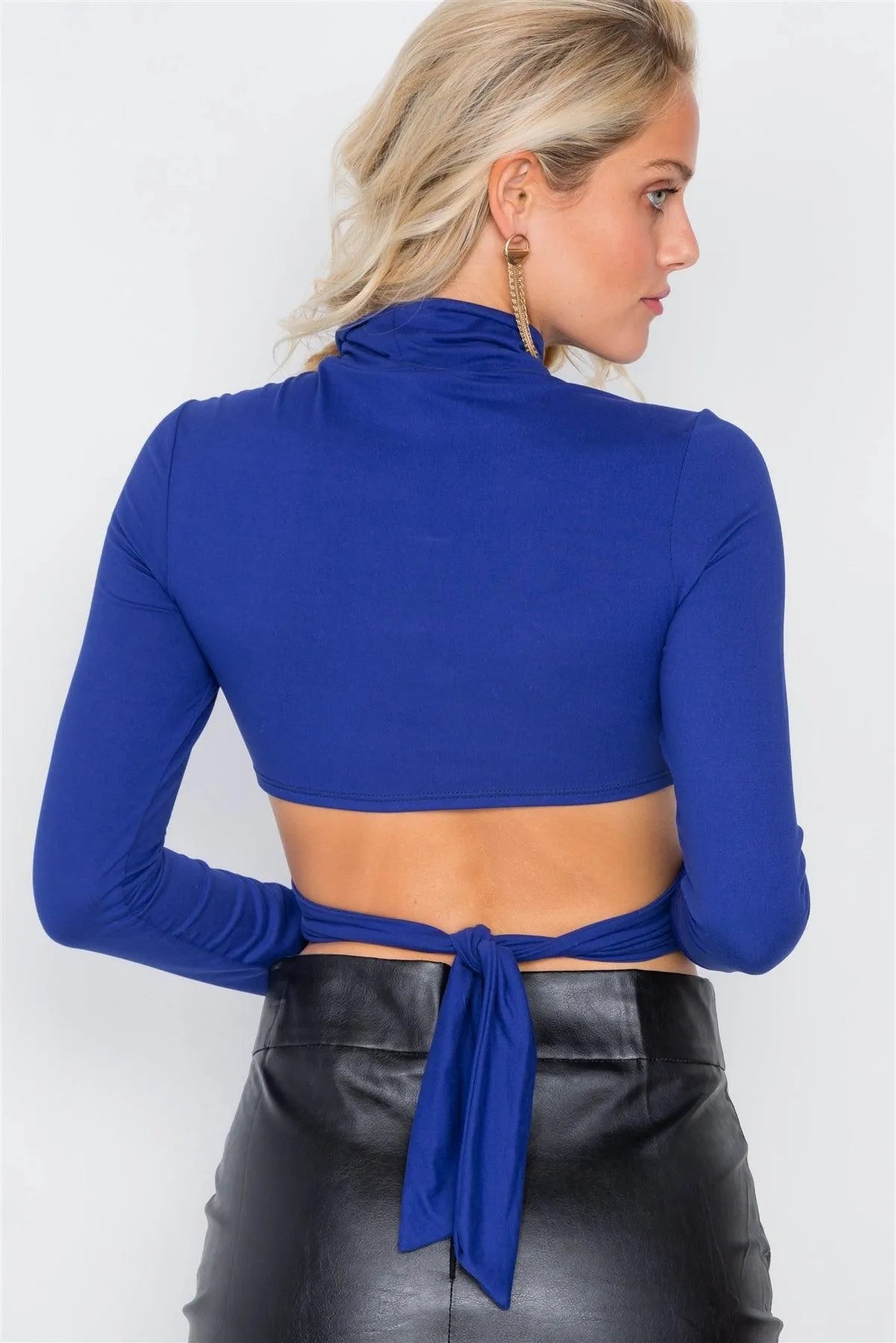Royal Blue Suede Wrap Turtleneck Crop-Top /2-2-2 - Tasha Apparel Wholesale