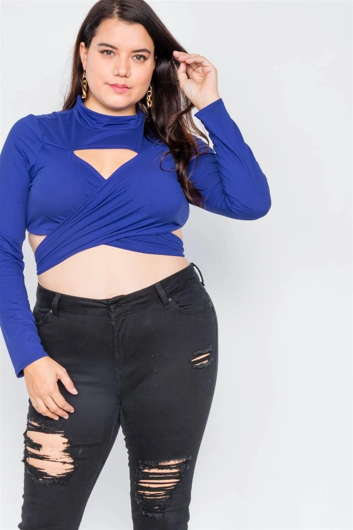 Plus Size Royal Blue Suede Wrap Turtleneck Crop-Top - Tasha Apparel Wholesale