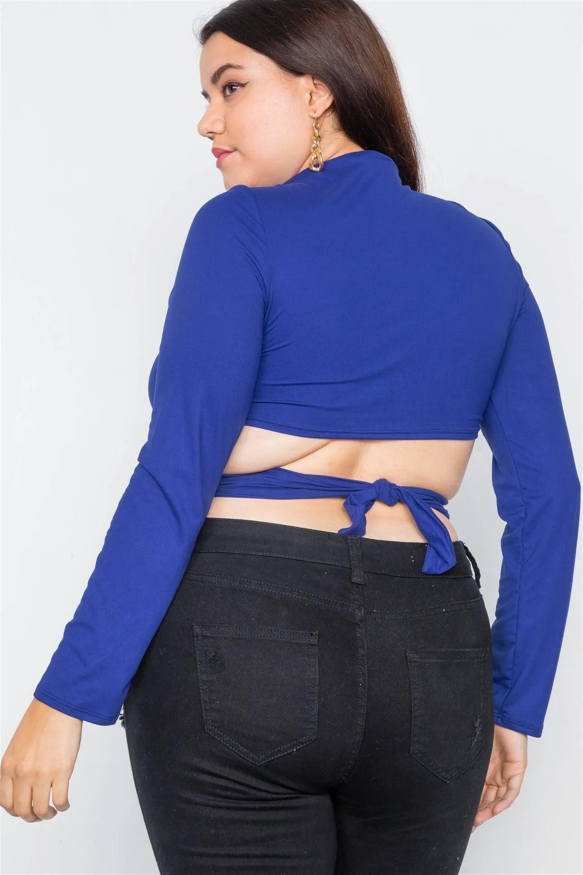 Plus Size Royal Blue Suede Wrap Turtleneck Crop-Top - Tasha Apparel Wholesale