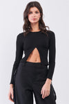 Black Ribbed Long Sleeve Front Belly Button Slit Detail Top /2-2-2