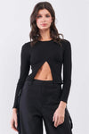 Black Ribbed Long Sleeve Front Belly Button Slit Detail Top /2-2-2 - Tasha Apparel Wholesale