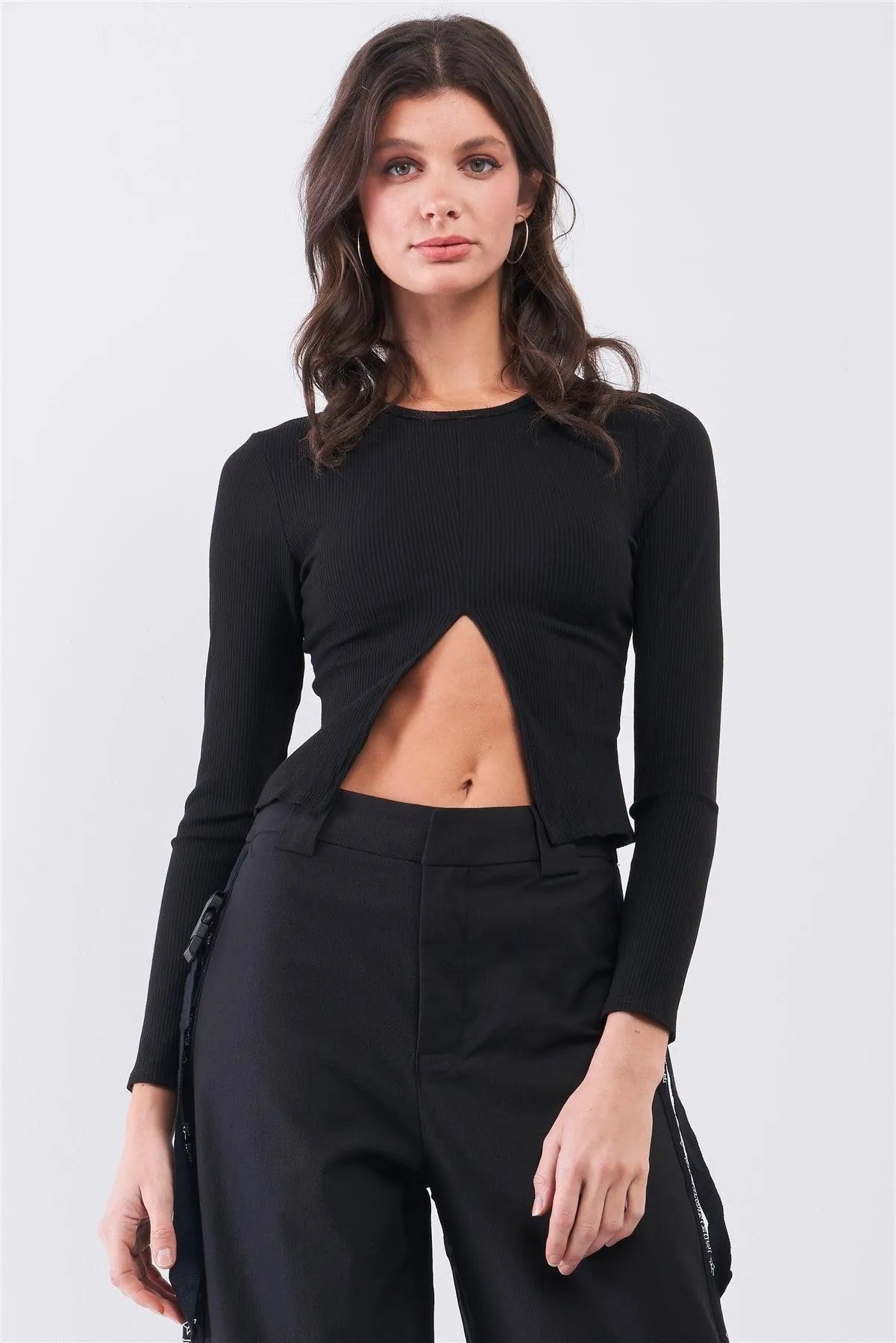 Black Ribbed Long Sleeve Front Belly Button Slit Detail Top /2-2-2 - Tasha Apparel Wholesale
