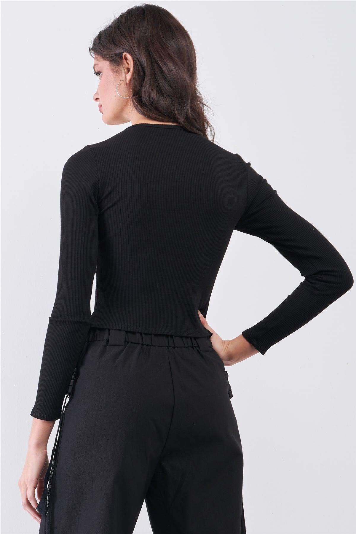 Black Ribbed Long Sleeve Front Belly Button Slit Detail Top /2-2-2
