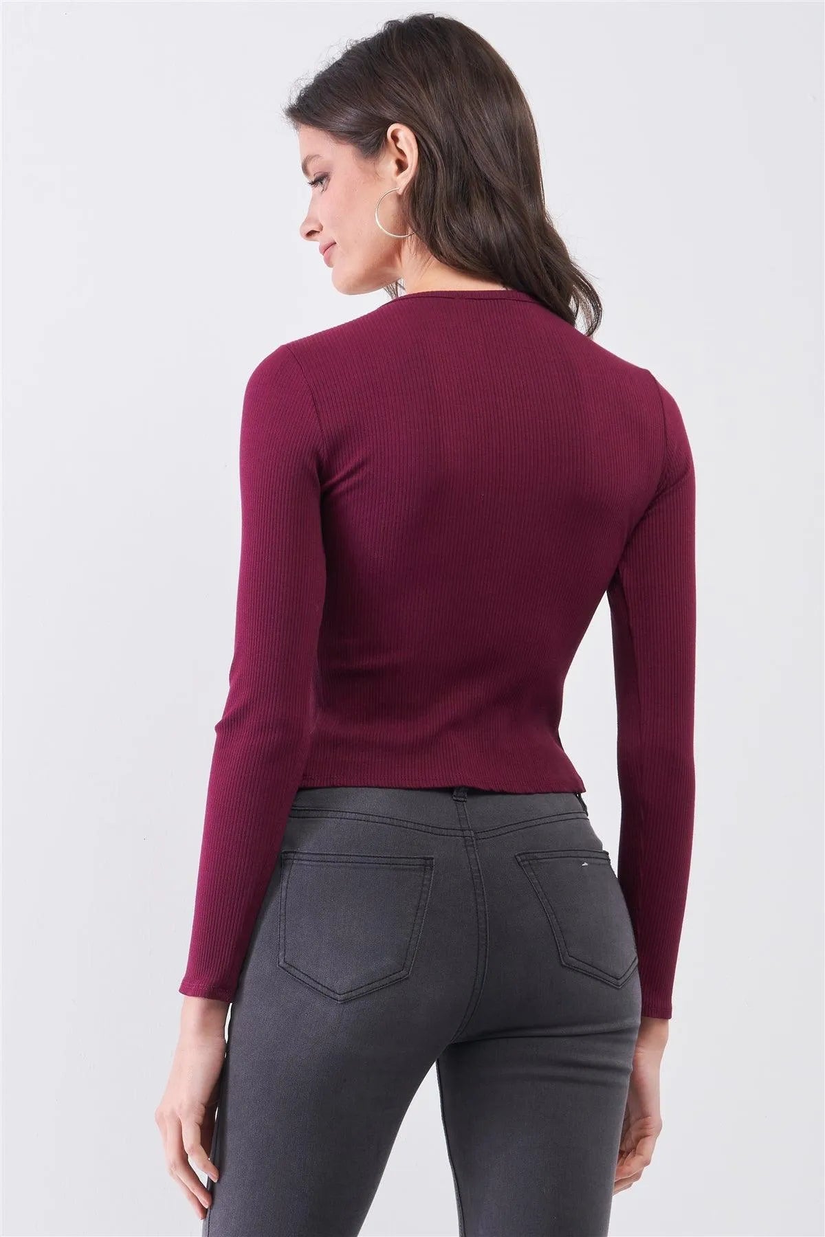 Burgundy Ribbed Long Sleeve Front Belly Button Slit Detail Top /1-2-2 - Tasha Apparel Wholesale