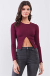 Burgundy Ribbed Long Sleeve Front Belly Button Slit Detail Top /2-2-2 - Tasha Apparel Wholesale