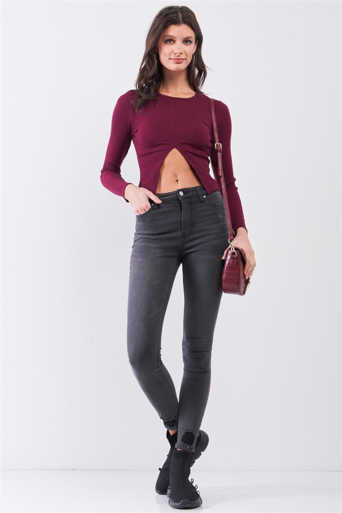 Burgundy Ribbed Long Sleeve Front Belly Button Slit Detail Top /2-2-2