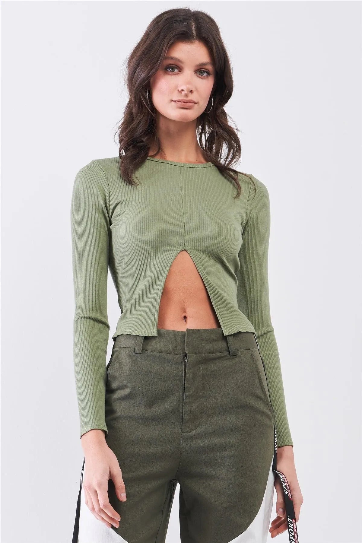 Olive Ribbed Long Sleeve Front Belly Button Slit Detail Top /2-2-2 - Tasha Apparel Wholesale