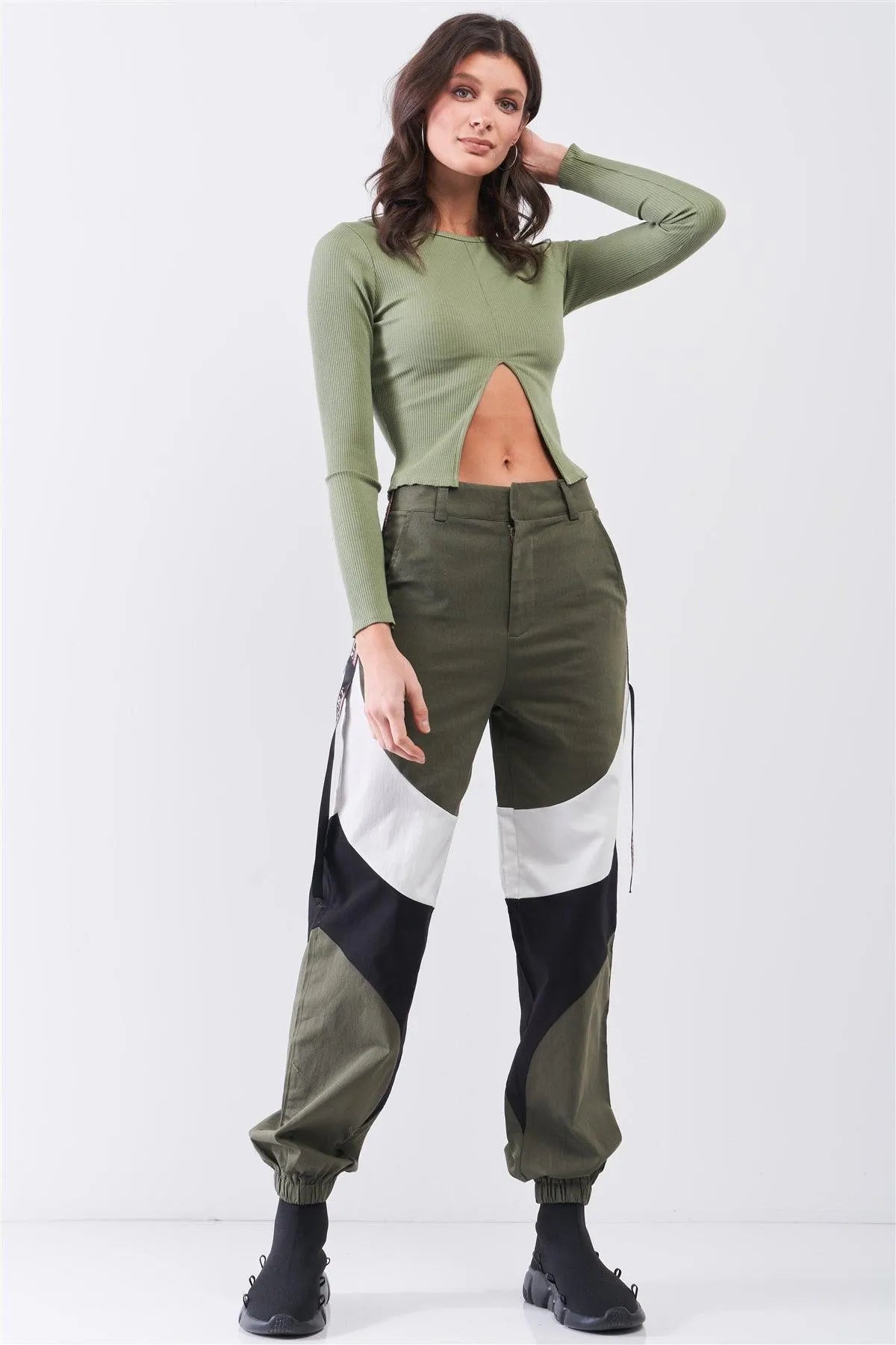 Olive Ribbed Long Sleeve Front Belly Button Slit Detail Top /2-2-2 - Tasha Apparel Wholesale