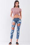 Retro Vibe Burgundy Striped Crew Neck Front Twist Detail Fitted Crop Top /2-1-1 - Tasha Apparel Wholesale