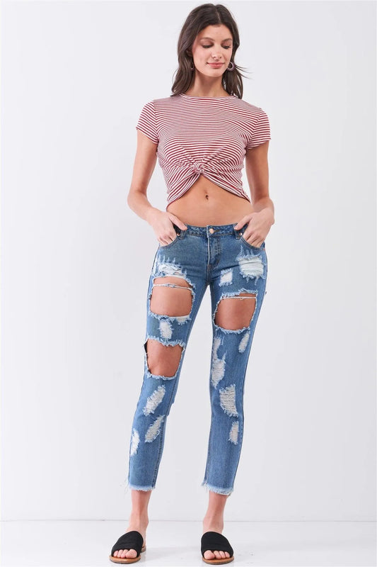 Retro Vibe Burgundy Striped Crew Neck Front Twist Detail Fitted Crop Top /2-1-1 - Tasha Apparel Wholesale