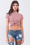 Retro Vibe Burgundy Striped Crew Neck Front Twist Detail Fitted Crop Top /2-2-2