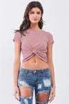 Retro Vibe Burgundy Striped Crew Neck Front Twist Detail Fitted Crop Top /2-2-2 - Tasha Apparel Wholesale