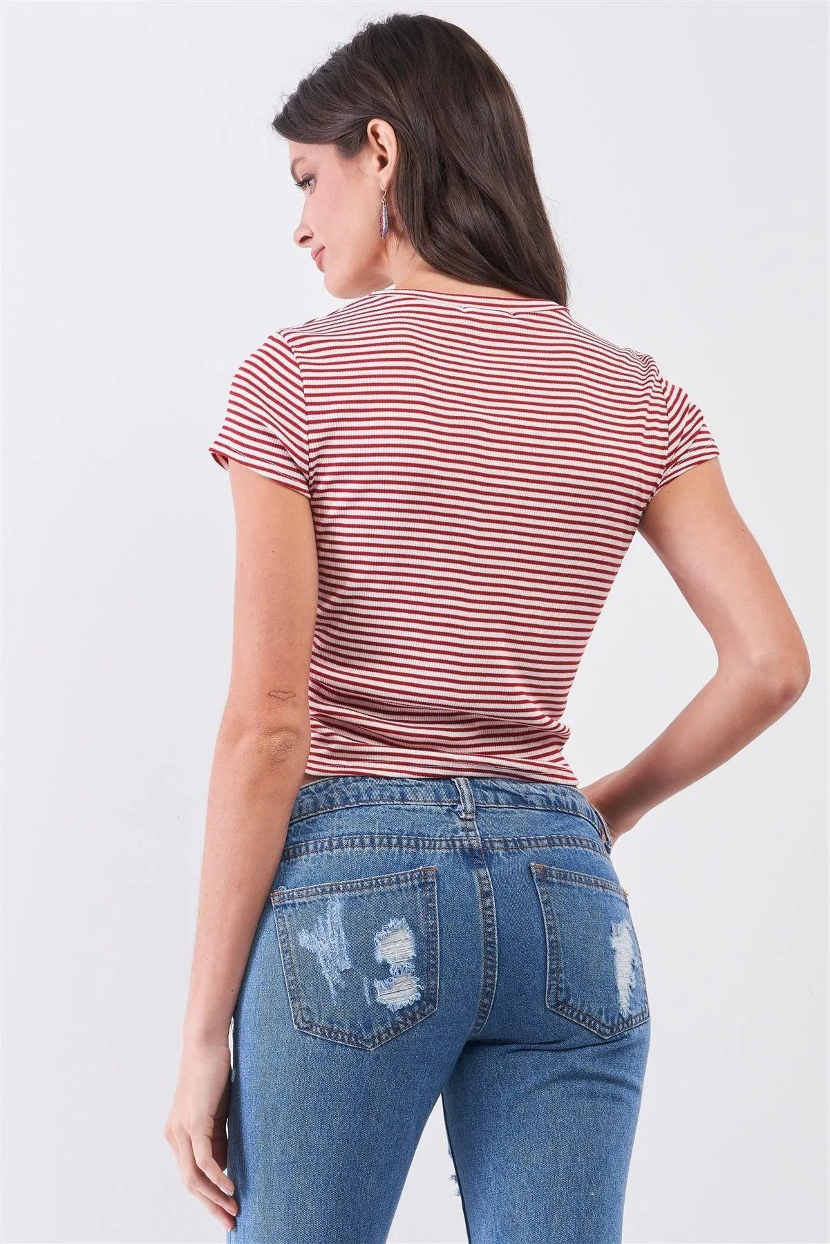 Retro Vibe Burgundy Striped Crew Neck Front Twist Detail Fitted Crop Top /2-2-2 - Tasha Apparel Wholesale
