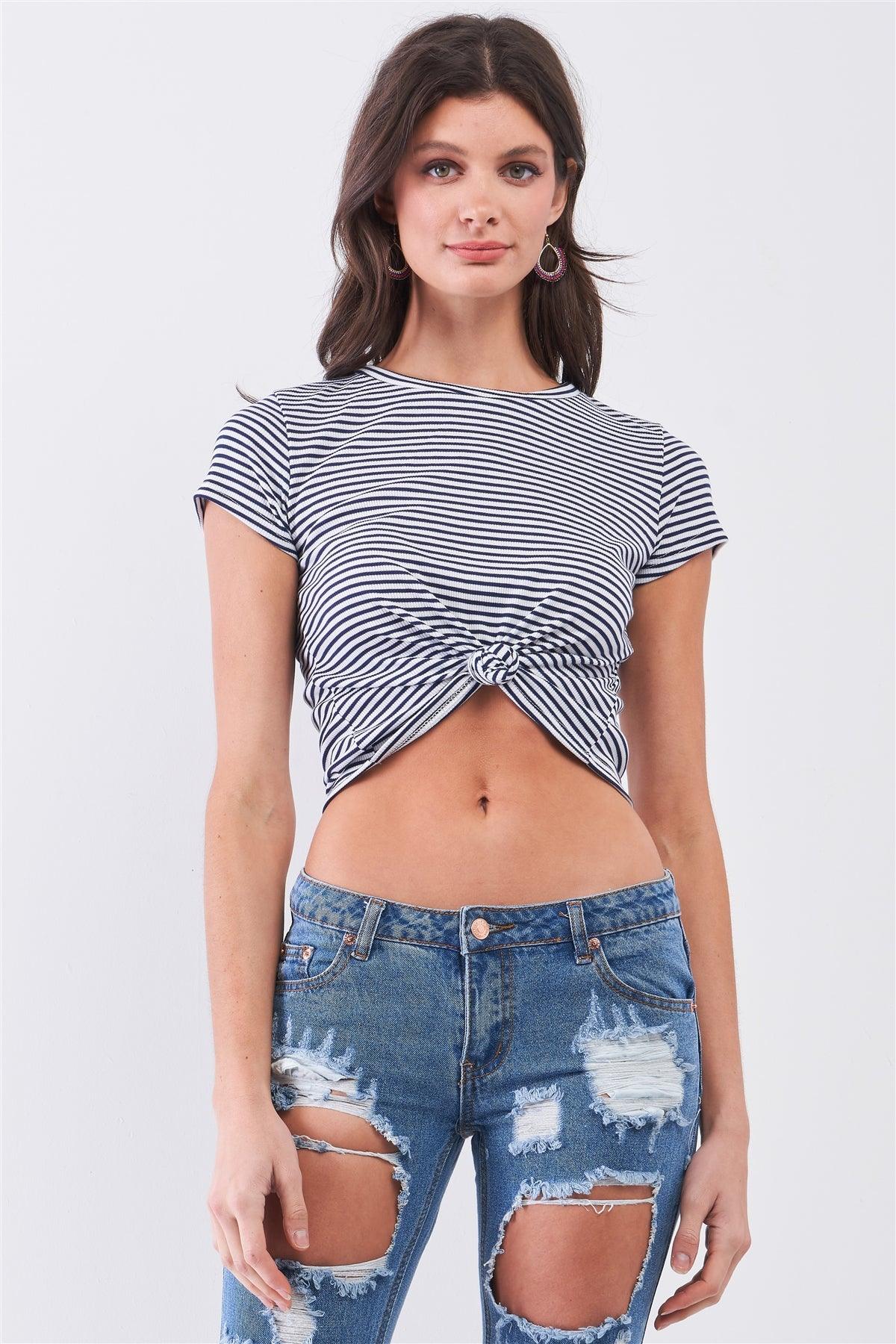 Retro Vibe Navy Striped Crew Neck Front Twist Detail Fitted Crop Top /2-2-2