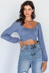 Steel Blue Back Tie Puff Long Sleeve Crop Top - Tasha Apparel Wholesale