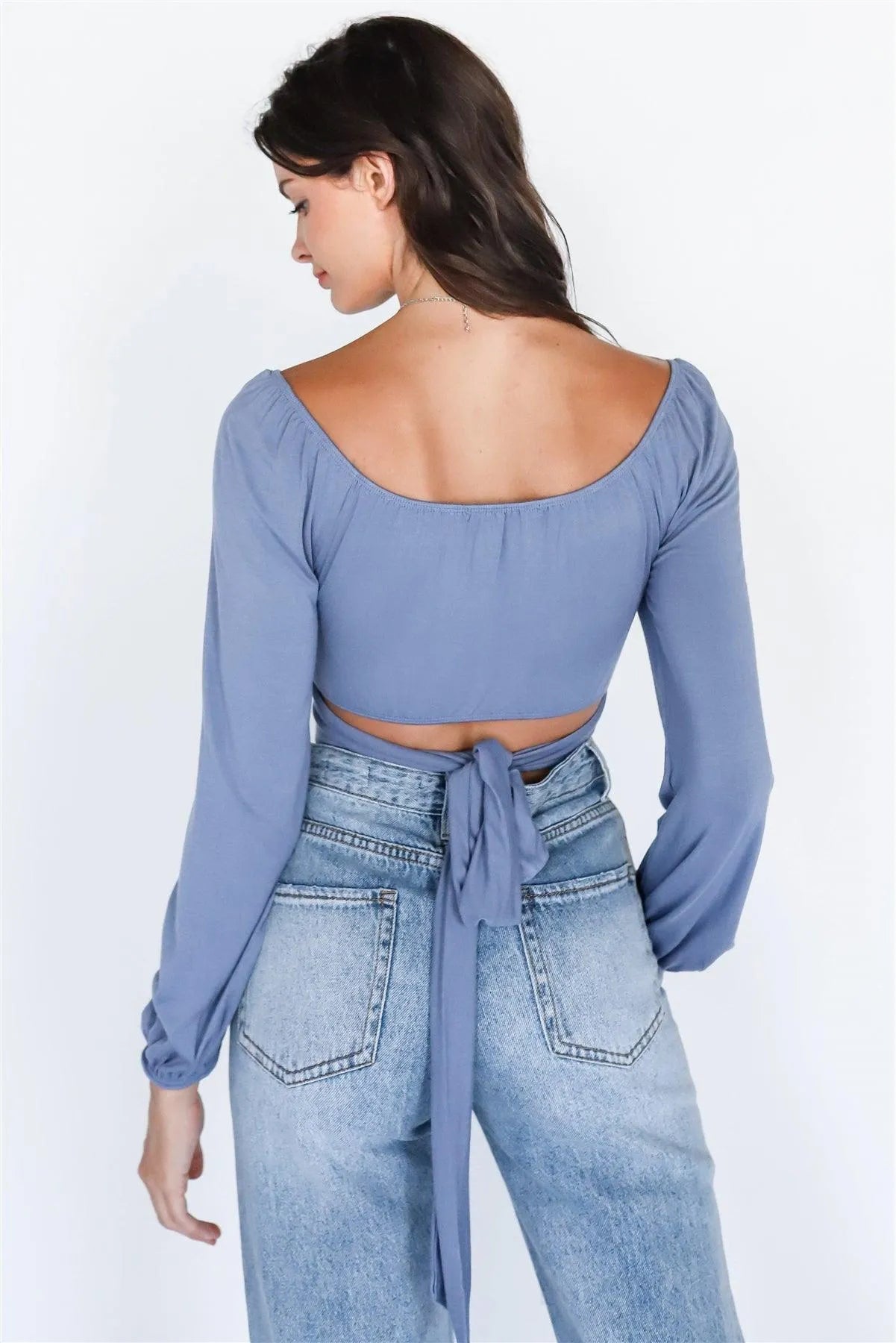 Steel Blue Back Tie Puff Long Sleeve Crop Top - Tasha Apparel Wholesale