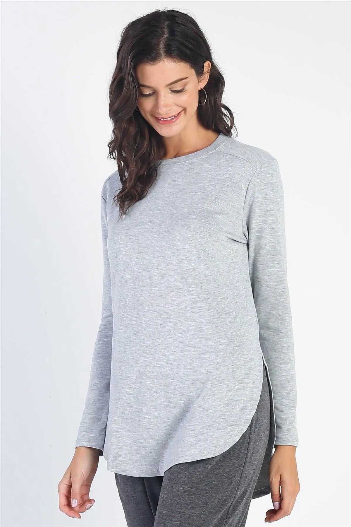 Heather Grey Long Sleeve Relaxed Fit Top /2-2-2 - Tasha Apparel Wholesale