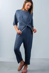 Washed Navy Knot Front Short Sleeve Casual Jumpsuit /3-2-1
