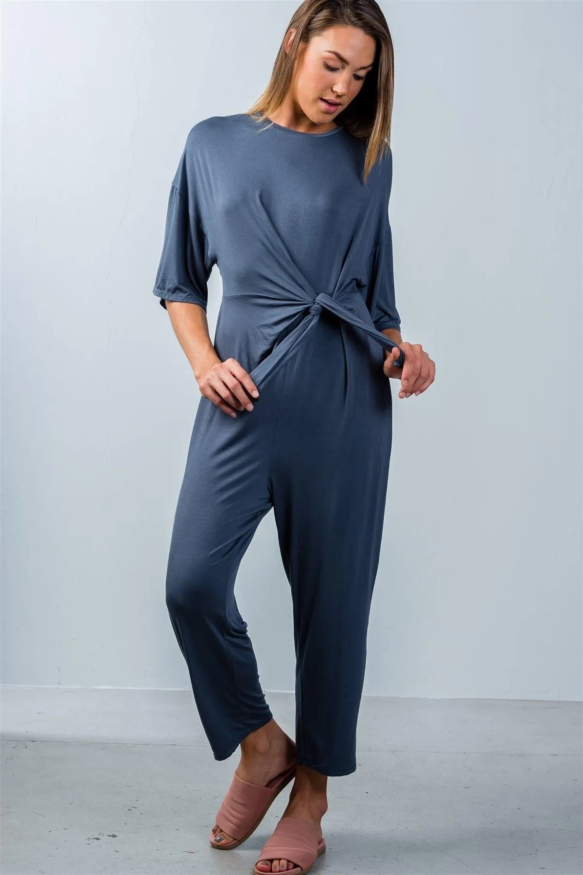Washed Navy Knot Front Short Sleeve Casual Jumpsuit /3-2-1 - Tasha Apparel Wholesale