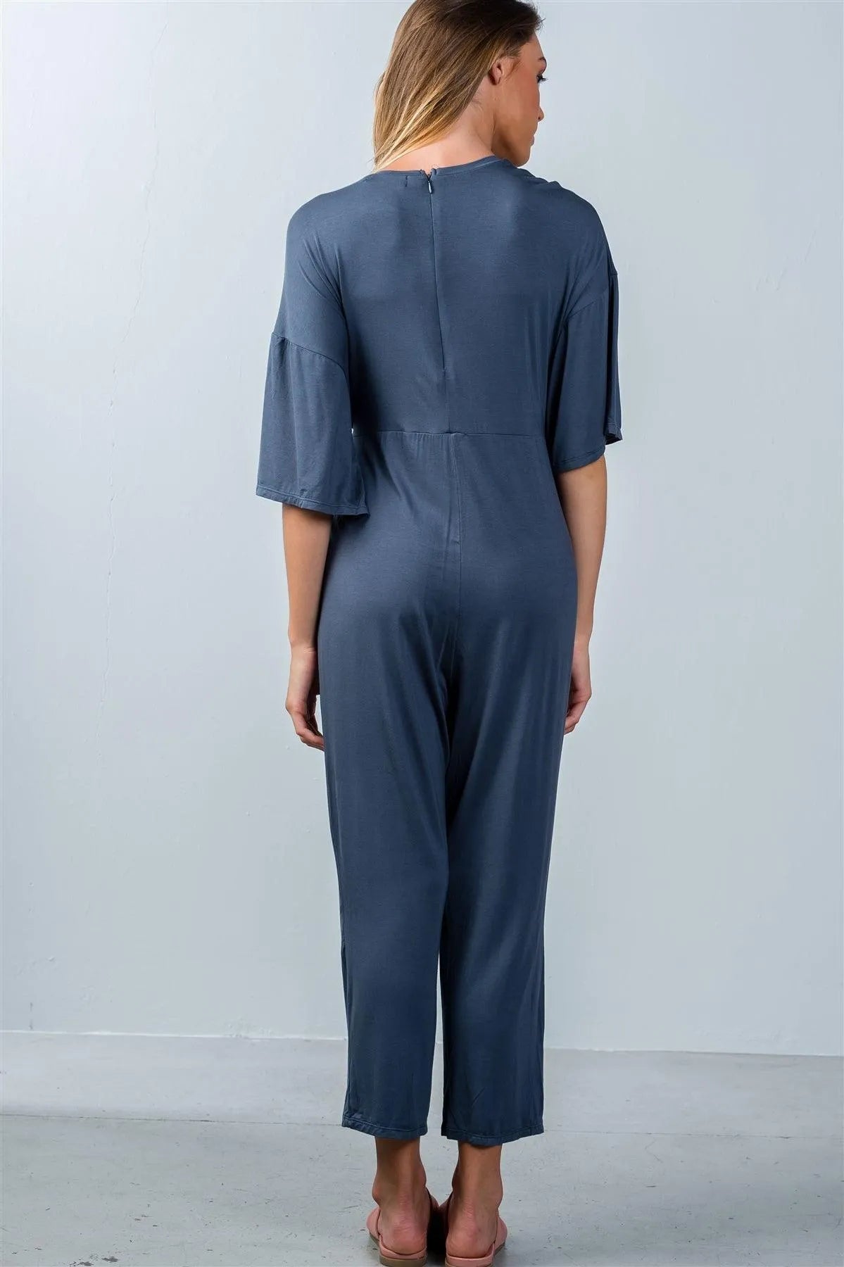 Washed Navy Knot Front Short Sleeve Casual Jumpsuit /3-2-1 - Tasha Apparel Wholesale