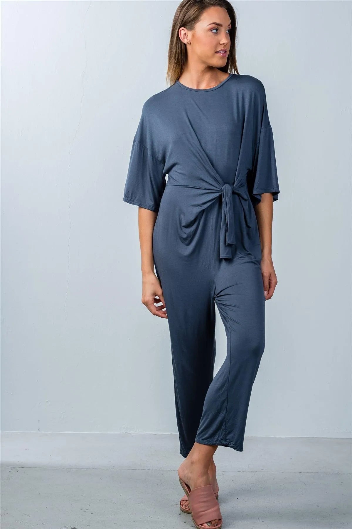 Washed Navy Knot Front Short Sleeve Casual Jumpsuit /3-2-1 - Tasha Apparel Wholesale