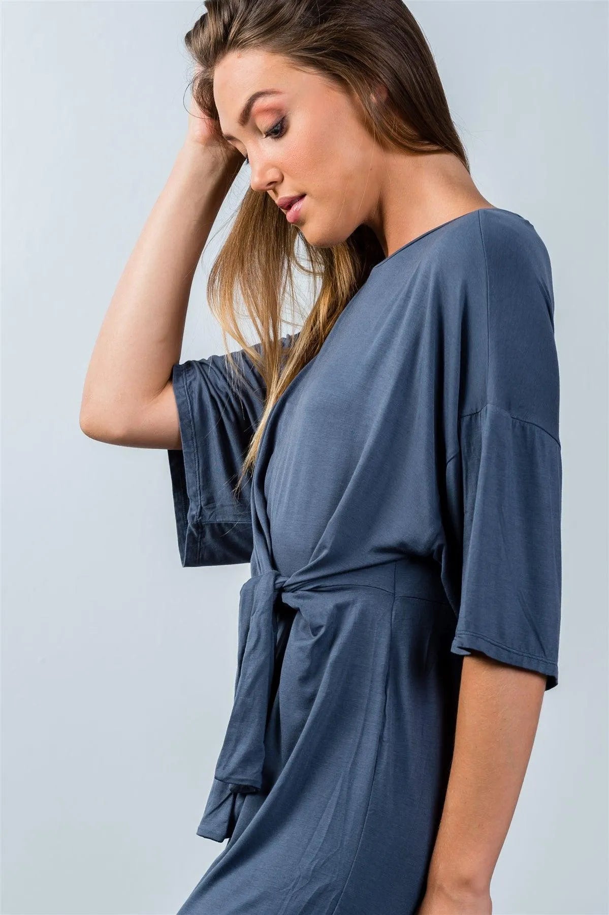 Washed Navy Knot Front Short Sleeve Casual Jumpsuit /3-2-1 - Tasha Apparel Wholesale
