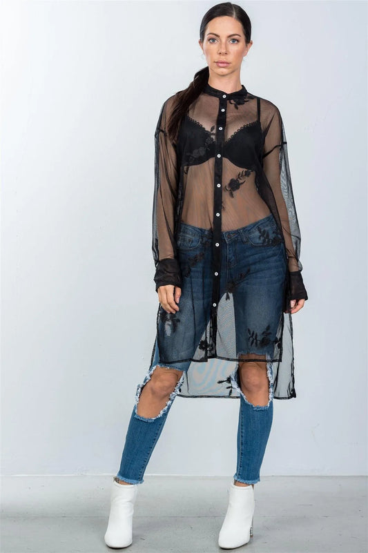 Black Mesh Sheer Floral Embroidered Button Down Boho Shirt /3-2-1 - Tasha Apparel Wholesale