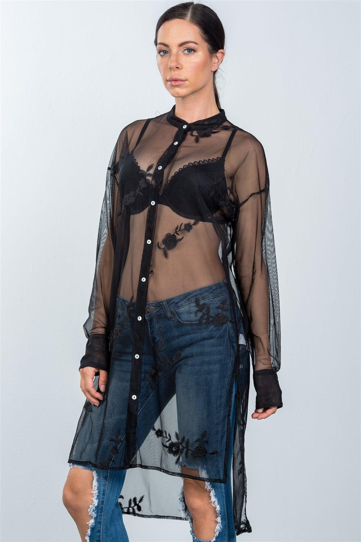 Black Mesh Sheer Floral Embroidered Button Down Boho Shirt /3-2-1