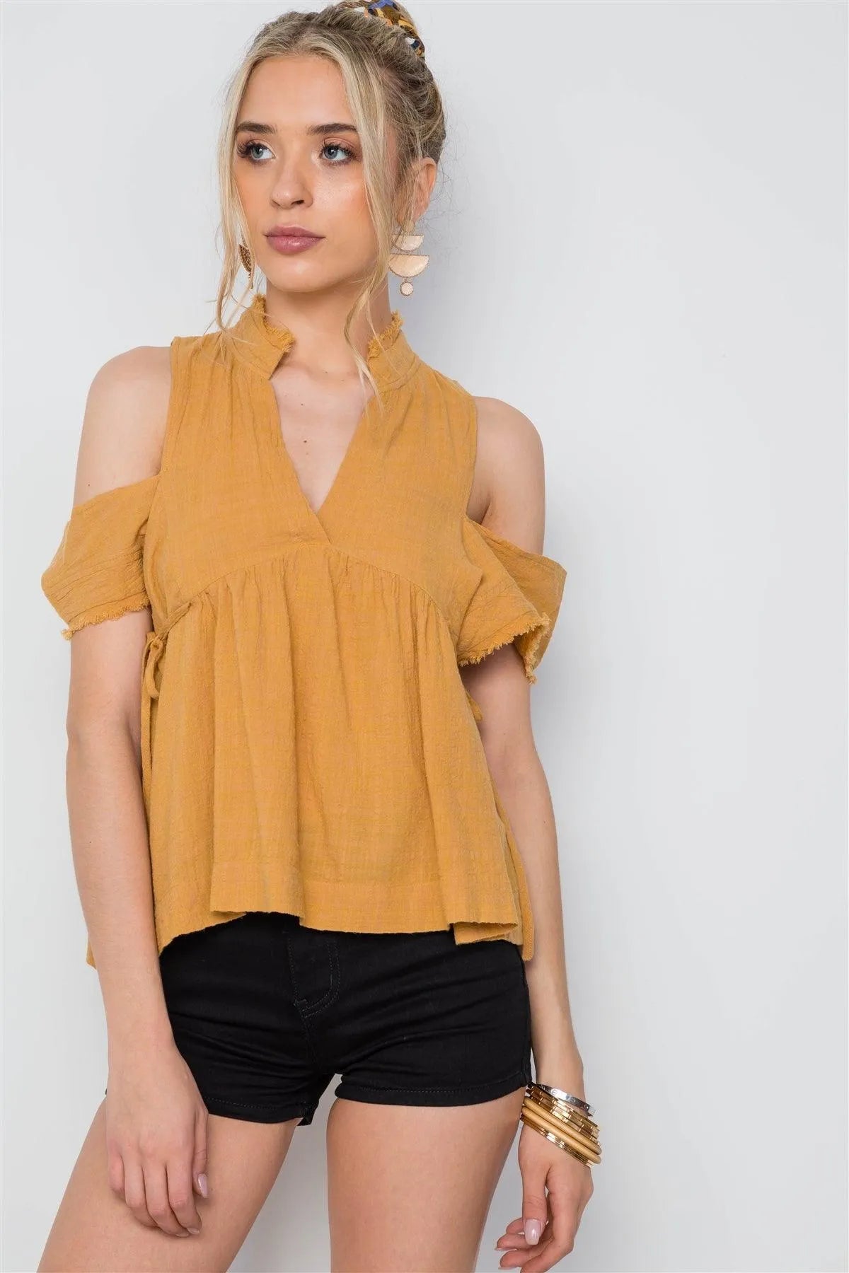 Honey Shirred Cut Out Frayed Side Tie Boho Top /3-2-1 - Tasha Apparel Wholesale