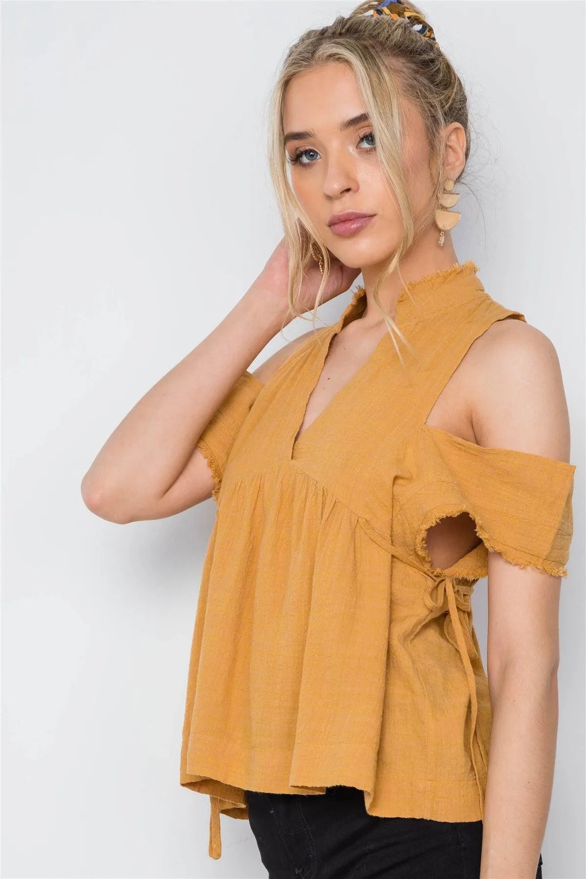 Honey Shirred Cut Out Frayed Side Tie Boho Top /3-2-1 - Tasha Apparel Wholesale