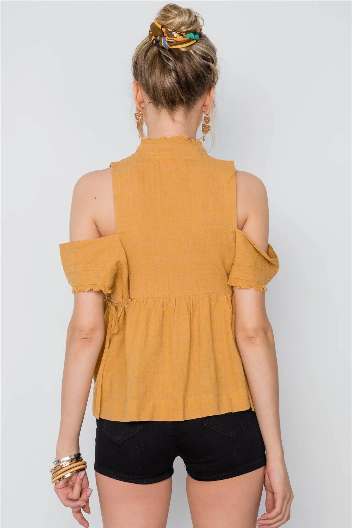 Honey Shirred Cut Out Frayed Side Tie Boho Top /3-2-1 - Tasha Apparel Wholesale