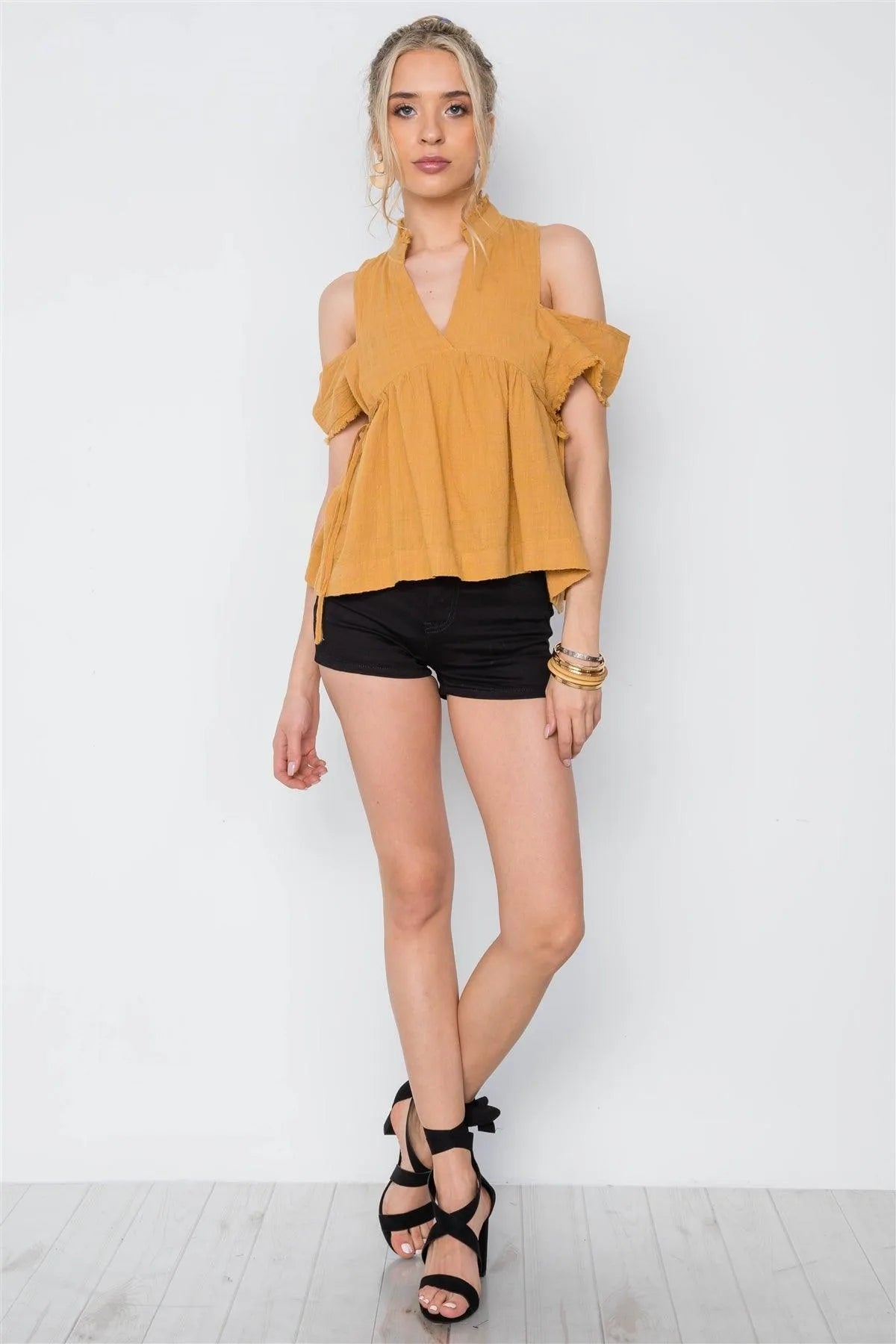 Honey Shirred Cut Out Frayed Side Tie Boho Top /3-2-1 - Tasha Apparel Wholesale