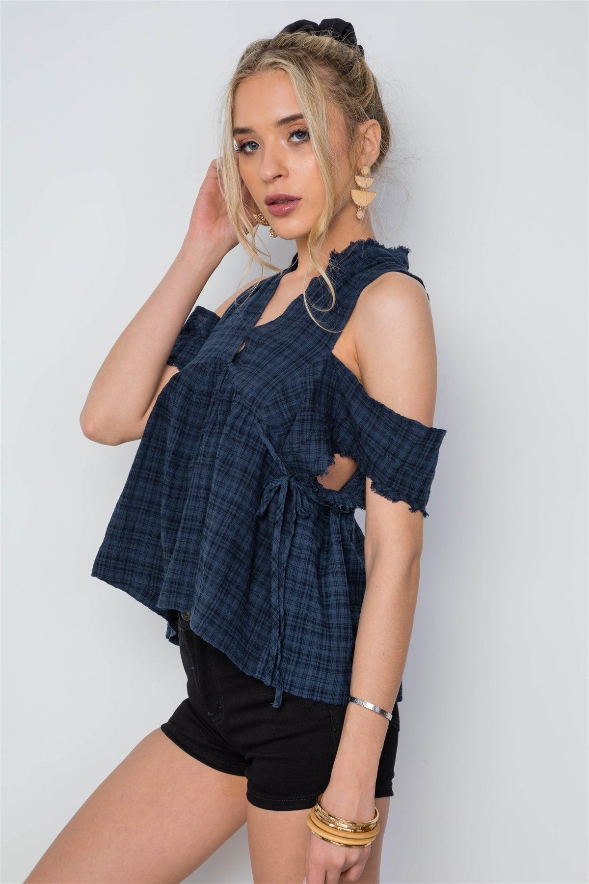 Navy Plaid Shirred Cut Out Frayed Boho Top /3-2-1