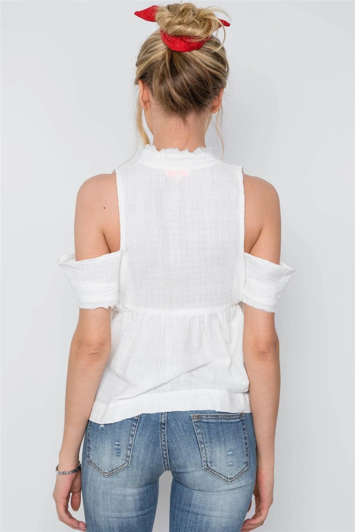 Off White Shirred Cut Out Frayed Boho Top /3-2-1 - Tasha Apparel Wholesale