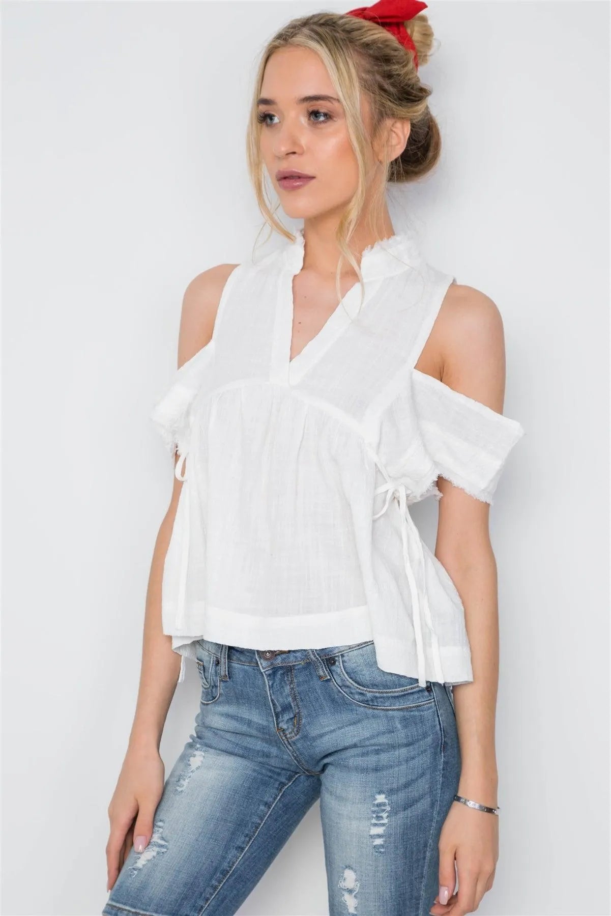 Off White Shirred Cut Out Frayed Boho Top /3-2-1 - Tasha Apparel Wholesale