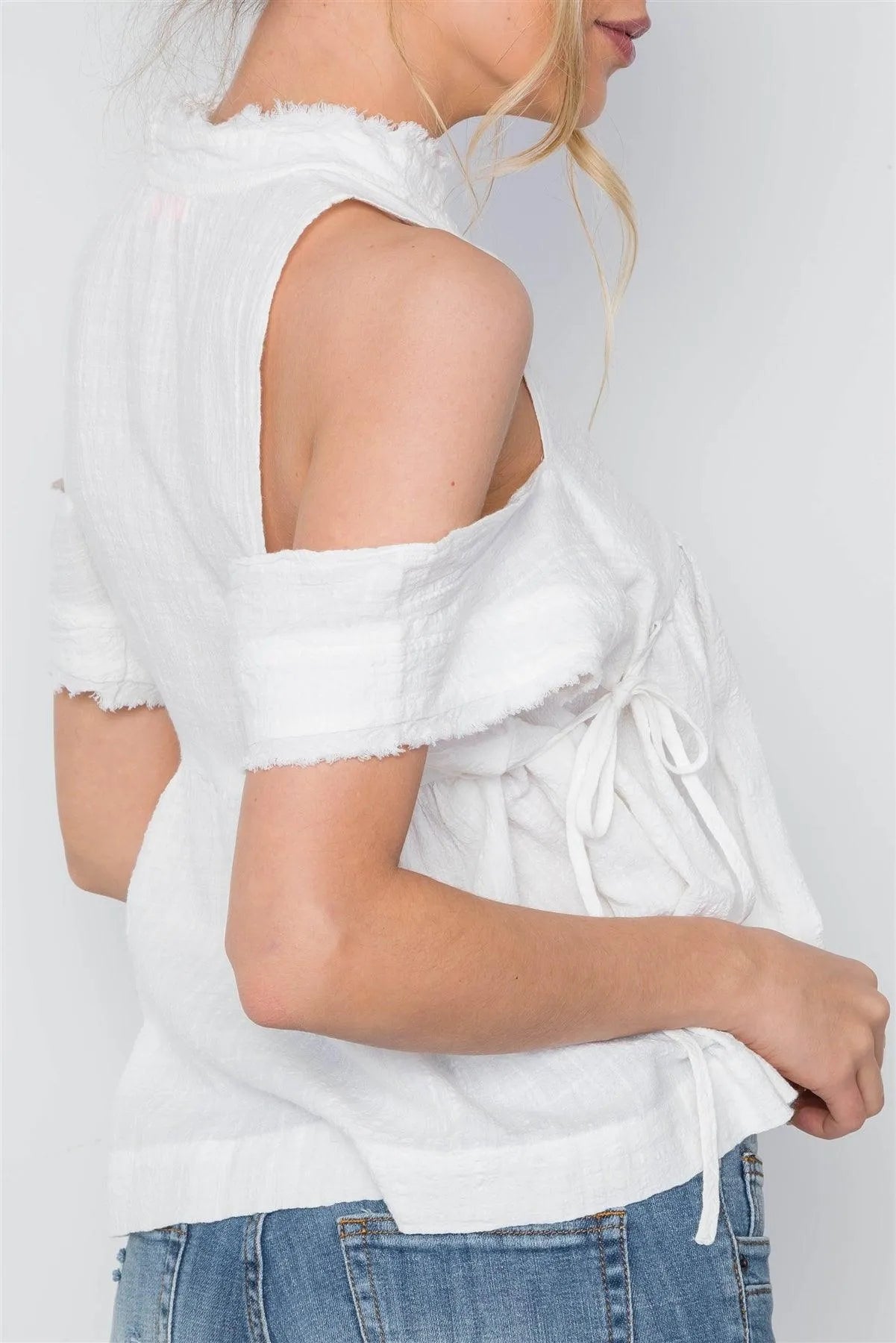 Off White Shirred Cut Out Frayed Boho Top /3-2-1 - Tasha Apparel Wholesale