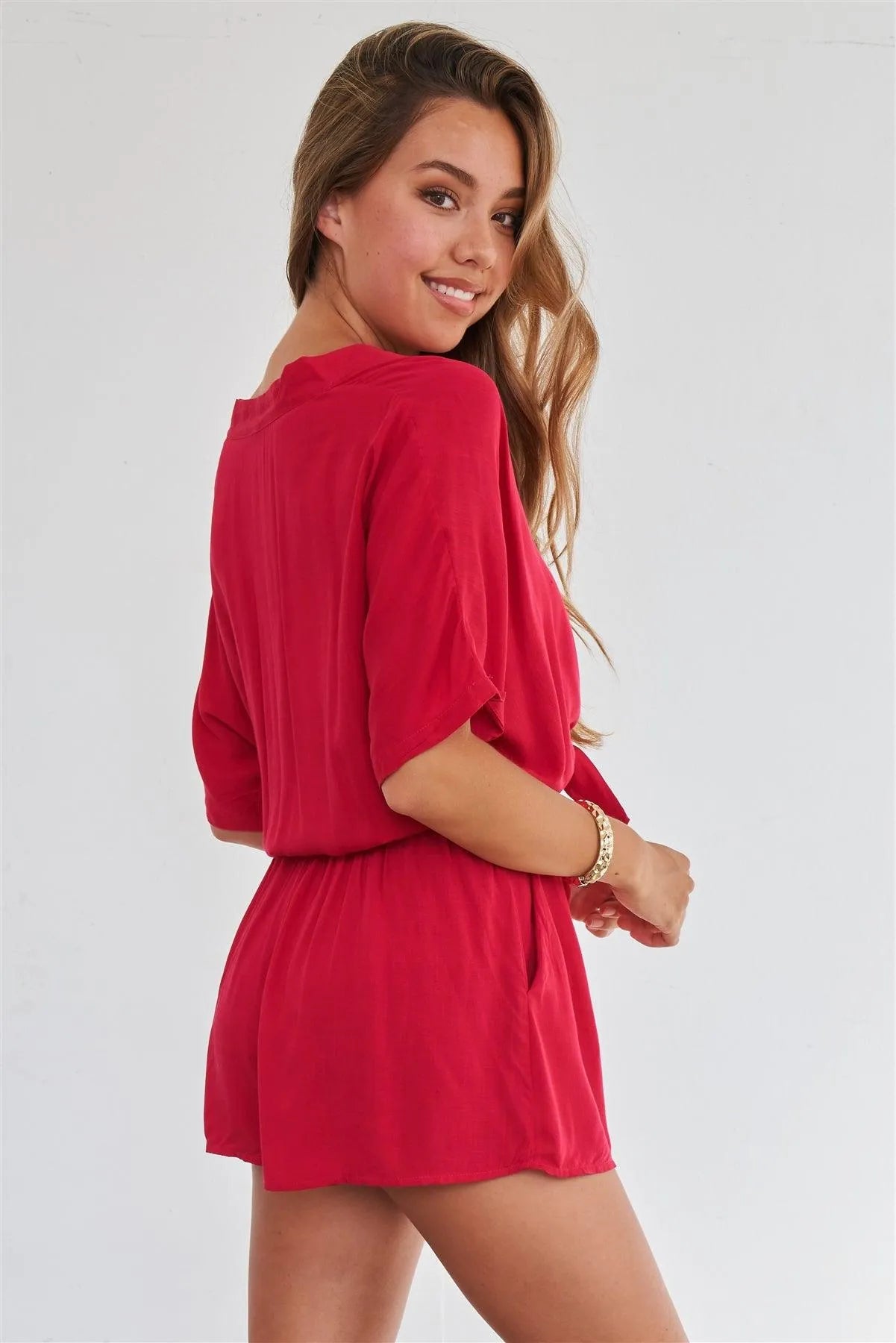 Berry Red Relaxed Fit Front Tie Side Pockets Short Sleeve Romper - Tasha Apparel Wholesale