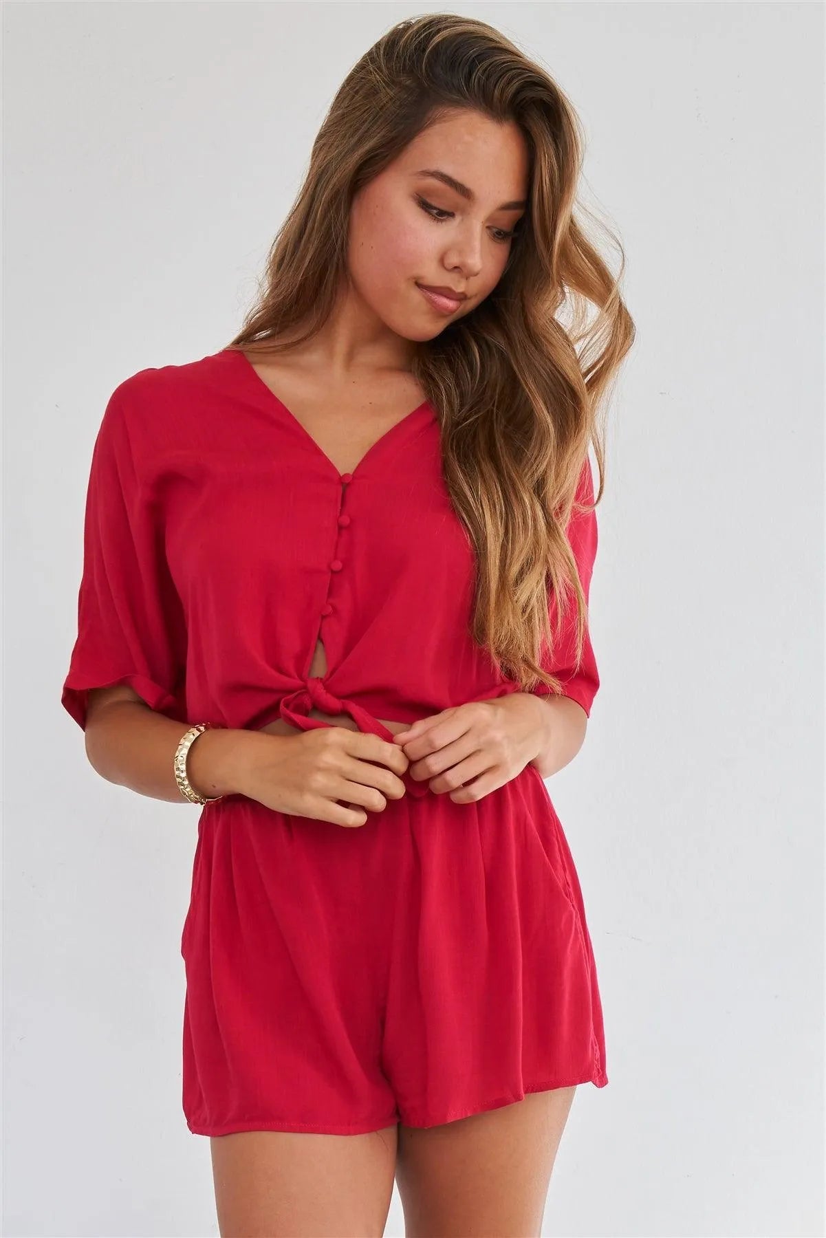 Berry Red Relaxed Fit Front Tie Side Pockets Short Sleeve Romper - Tasha Apparel Wholesale
