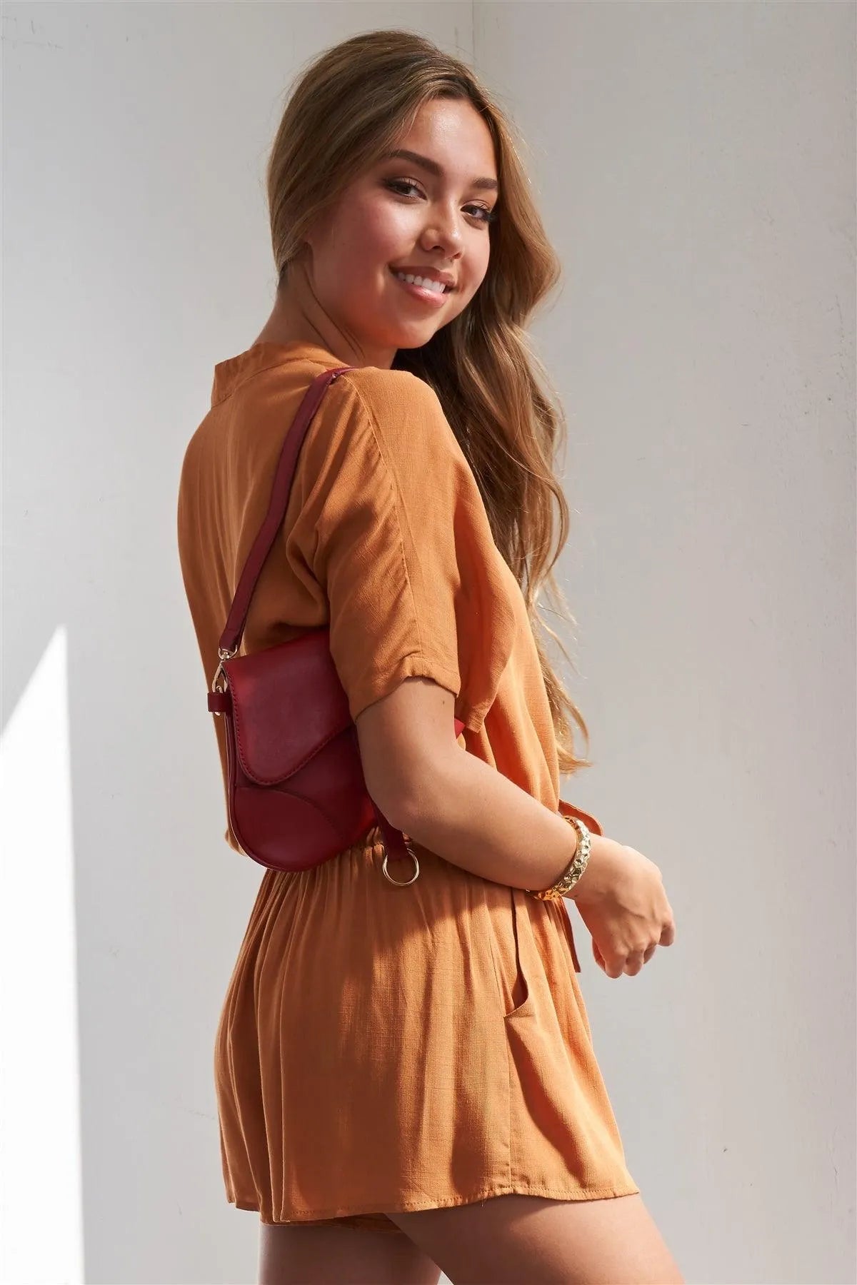 Caramel Relaxed Fit Front Tie Short Sleeve Romper /3-2-1 - Tasha Apparel Wholesale
