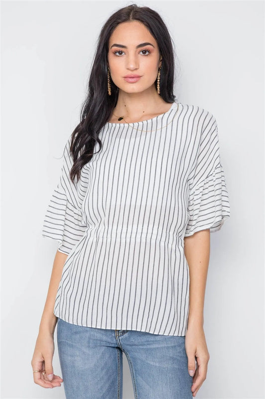 White Black Stripe Short Sleeve Self Tie Boho Top /3-2-1 - Tasha Apparel Wholesale