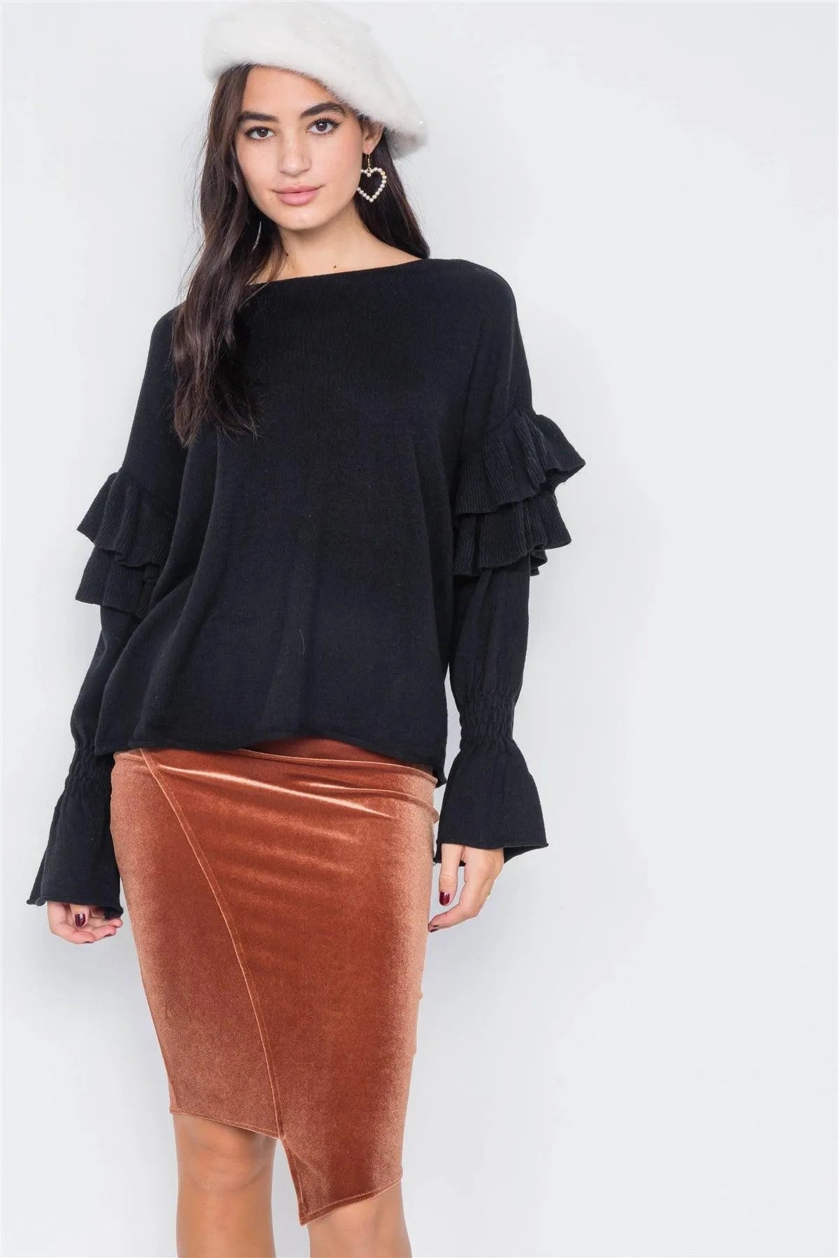 Black Raw Scoop Neck Tiered Frill Cinched Bell Sleeve Sweater /3-2-1 - Tasha Apparel Wholesale