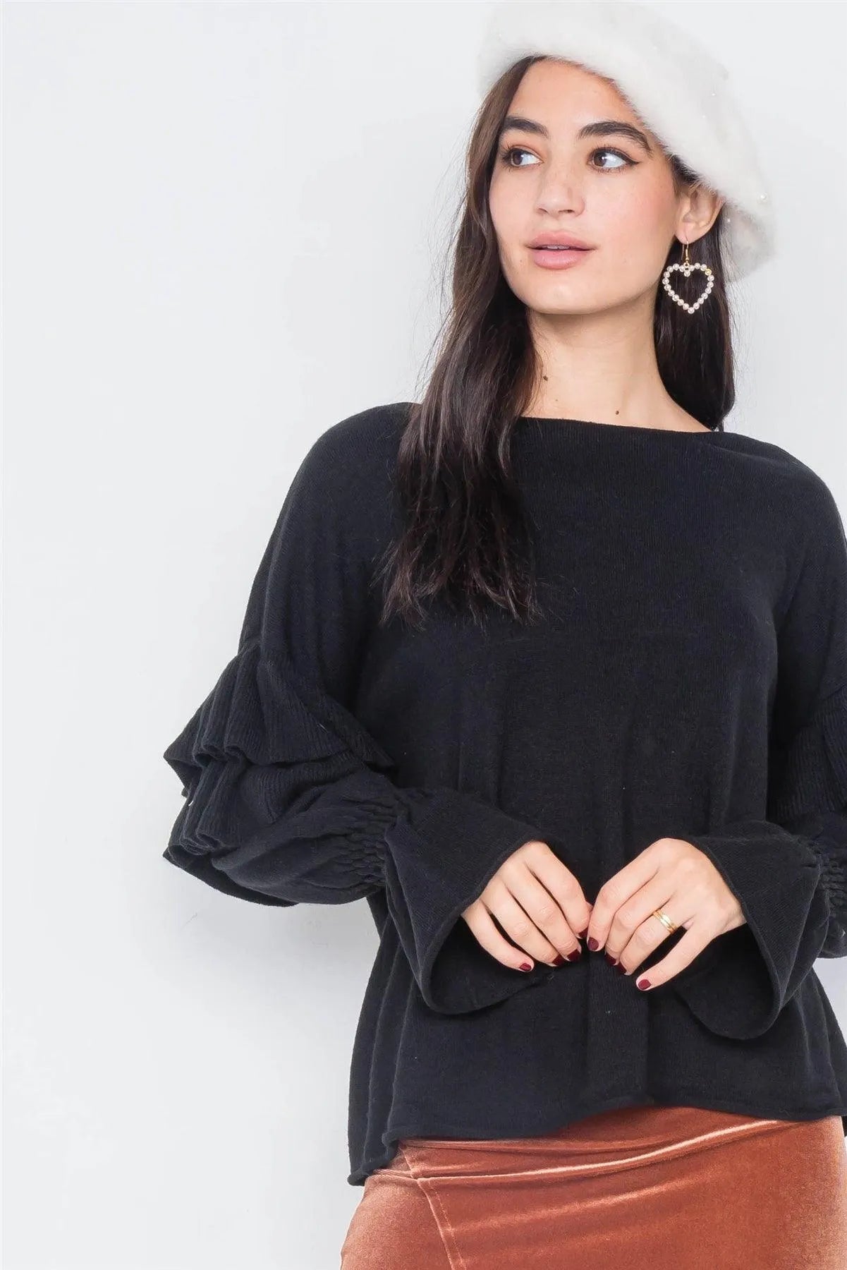 Black Raw Scoop Neck Tiered Frill Cinched Bell Sleeve Sweater /3-2-1 - Tasha Apparel Wholesale