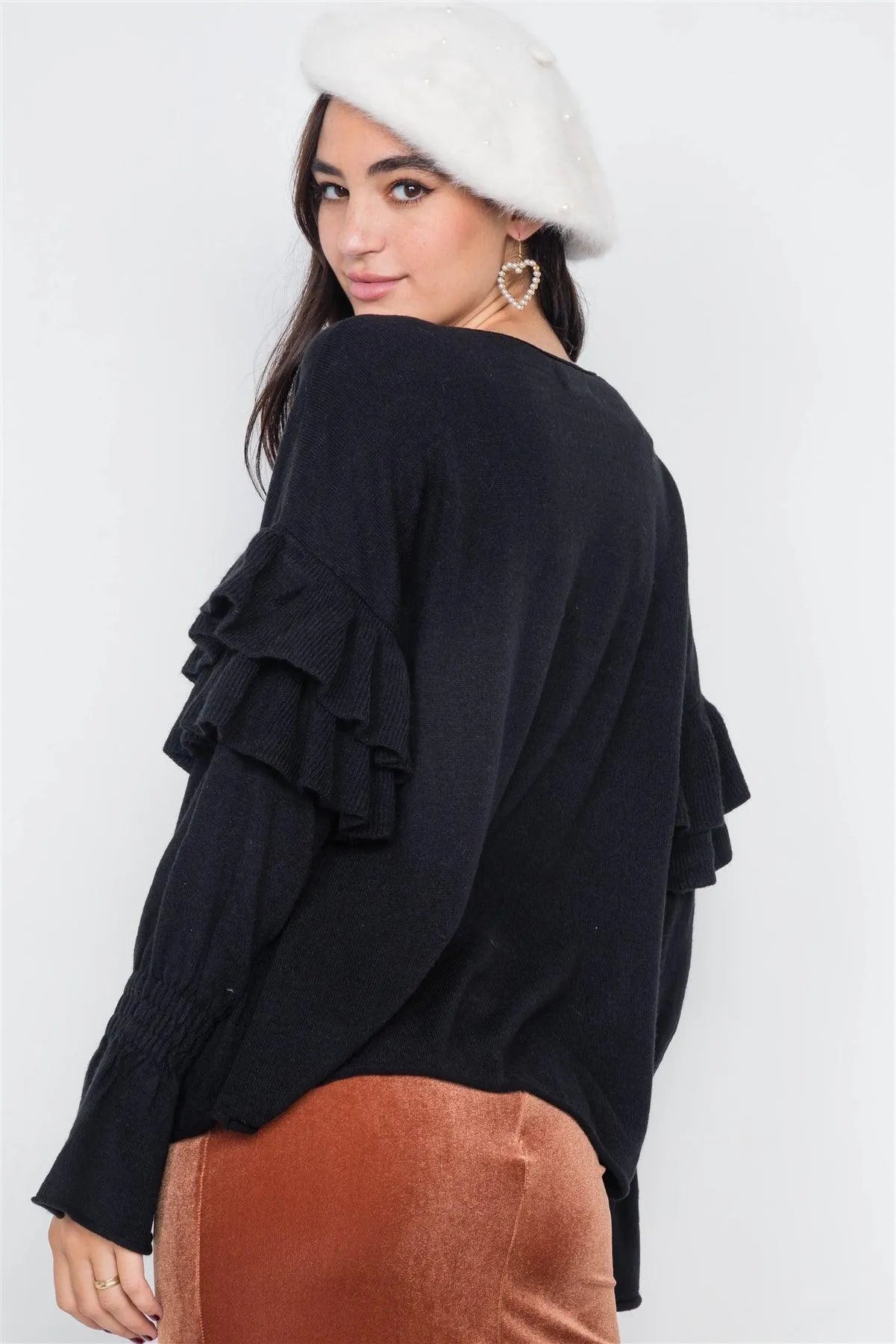 Black Raw Scoop Neck Tiered Frill Cinched Bell Sleeve Sweater /3-2-1 - Tasha Apparel Wholesale